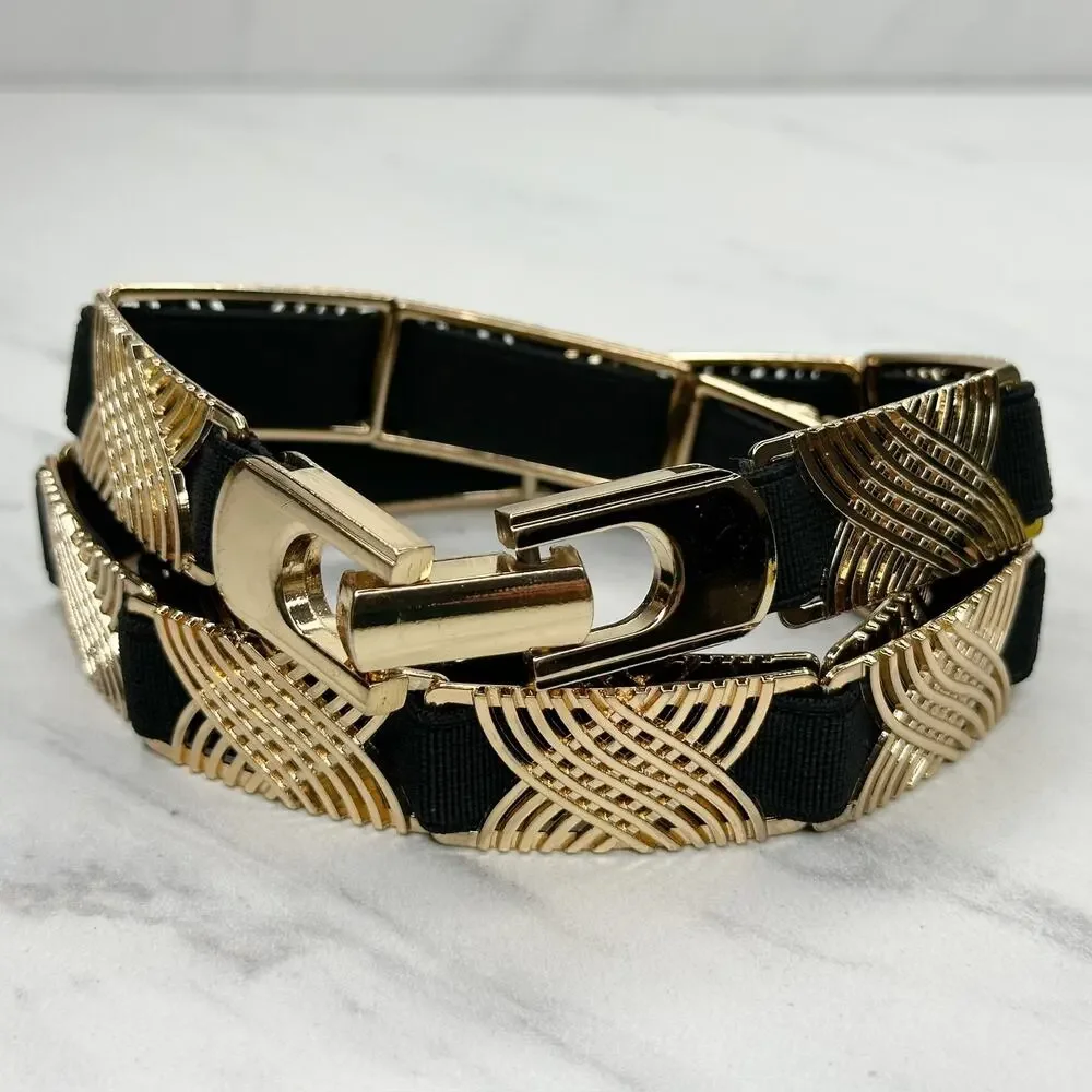 Black Gold Art Deco Stretch Cinch Belt One Size (OS) ✨